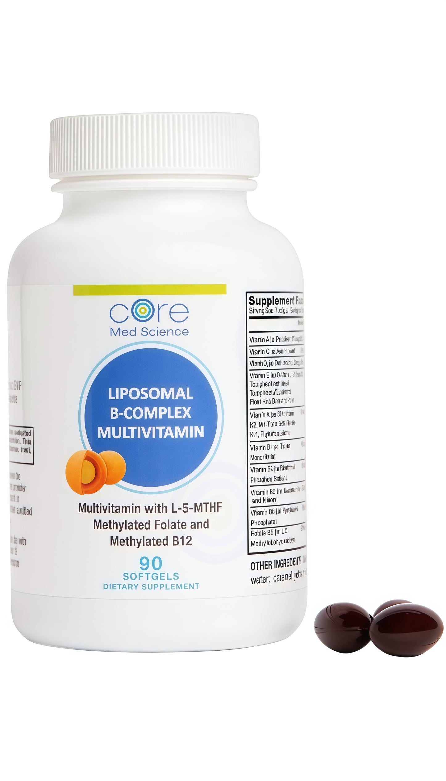 Core Med Science Liposomal Methylated Multivitamin B-Complex, 90 Softgels - Non-GMO Active Super B Complex Vitamin Supplement for Heart Health - VIT Methyl B Complex Immune Support Supplement